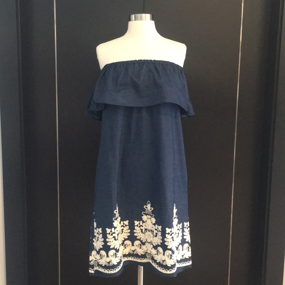 Denim blue off the shoulder embroidered dress!!